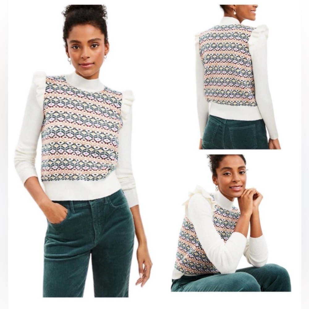 LOFT Women's Sweater - White with Multicolor Pattern